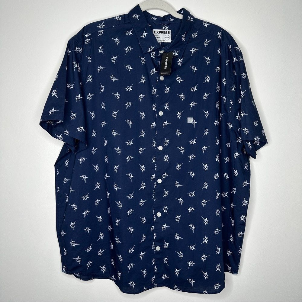 Express Button Down Shirt‎ Navy Marlin Summer Florida Short Sleeve Button Down